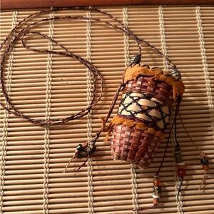 Rattan Mini Basket Necklace.Leather,Glass and Clay beads with Silver